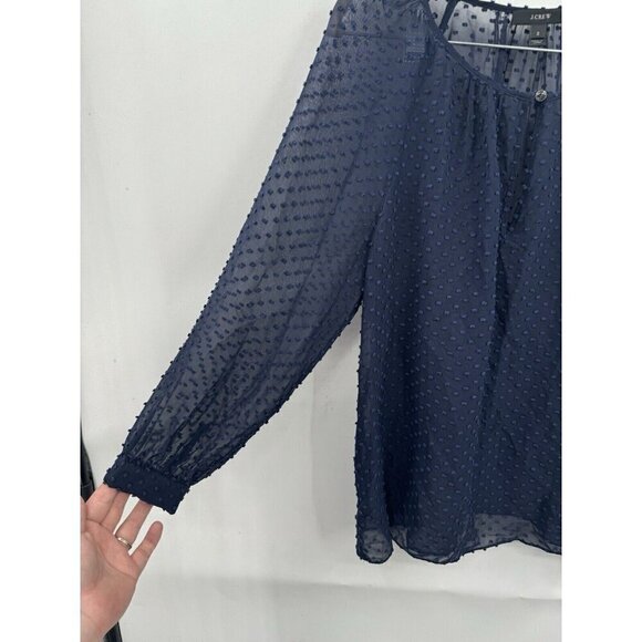 J. Crew Blouse Women 2 Navy Blue Sheer Swiss Dot Long Sleeve Preppy Keyhole Neck - Picture 3 of 8
